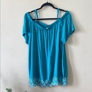 Teal Blue Old Navy Off the Shoulder Summer Top Large White Lace Eyelet Casual